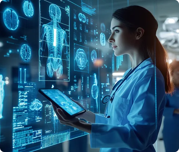 A healthcare professional in a lab coat analyzing holographic medical scans and data on a tablet, with digital displays in the background.