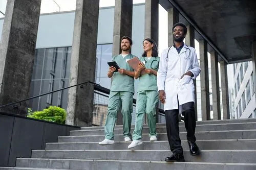 Three people in medical uniforms stand on stairs in front of a building. Two are in green scrubs, one holding a tablet and the other a folder. The third person wears a white coat with a stethoscope around their neck. The background features a modern building with large windows and concrete pillars.