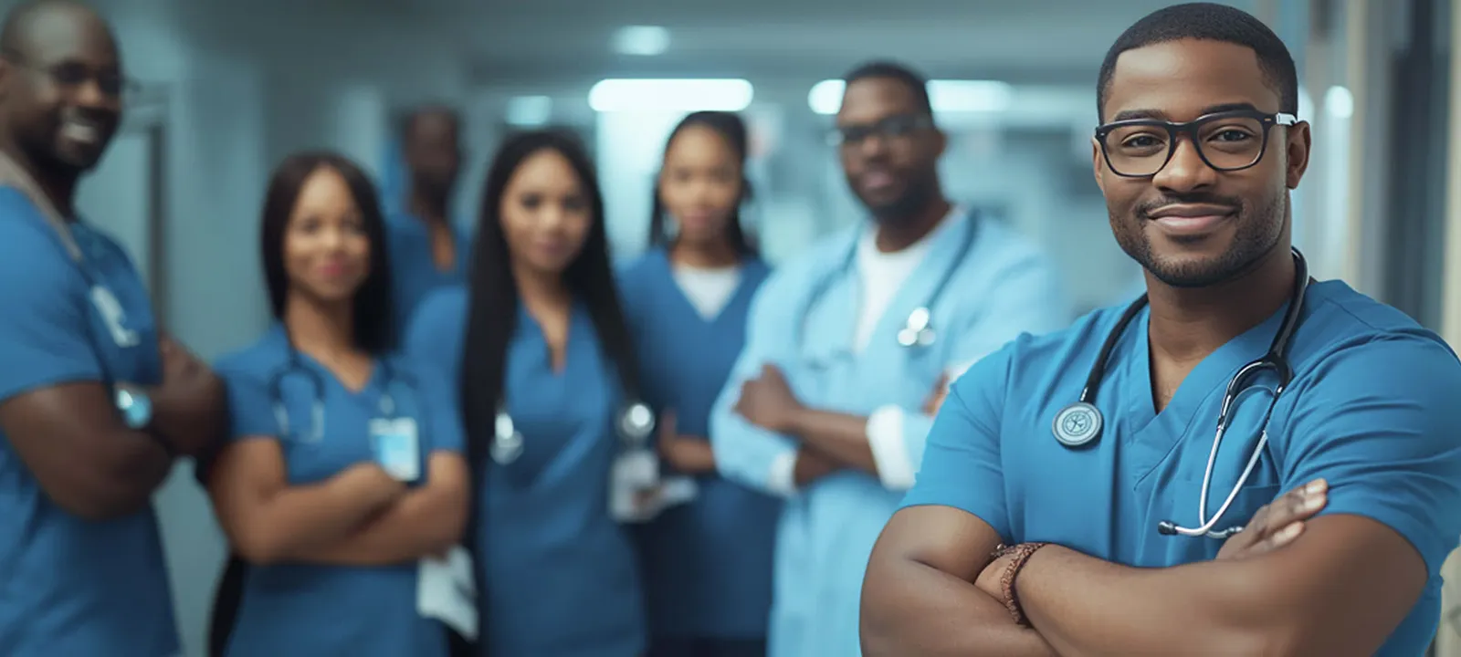 A group of medical professionals in blue scrubs stand together in a hospital hallway, with one person in the foreground wearing a stethoscope and glasses.