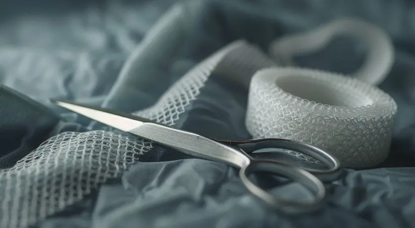 An image of a scissor and a cleaning dressing gauze.