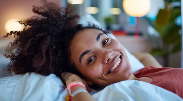Image of a smiling black woman inside a health care facility.