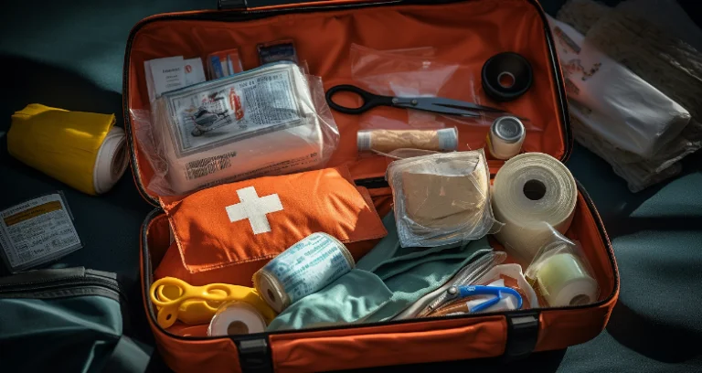 An image of an open first aid kit with various medical supplies neatly organized conveys the importance of being prepared for emergencies.