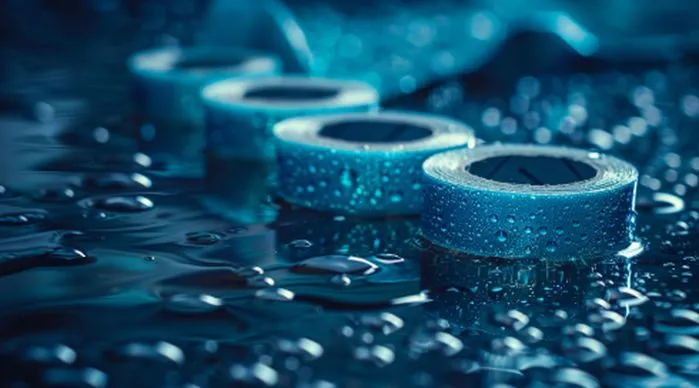 A view of clear waterproof medical adhesive tape rolls on a wet surface, showcasing the best adhesive tape for surgical and basic wound dressings, price near me.