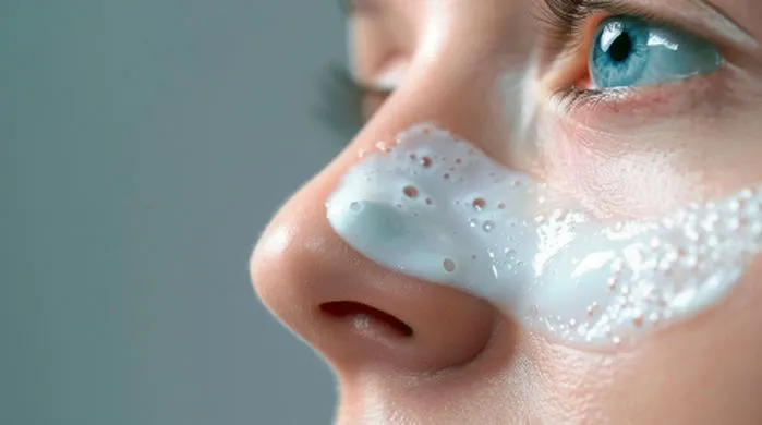 An image of ointment applied to the nose, demonstrating mupirocin uses for treating rash, boils, and infections on sensitive skin areas and open wounds.