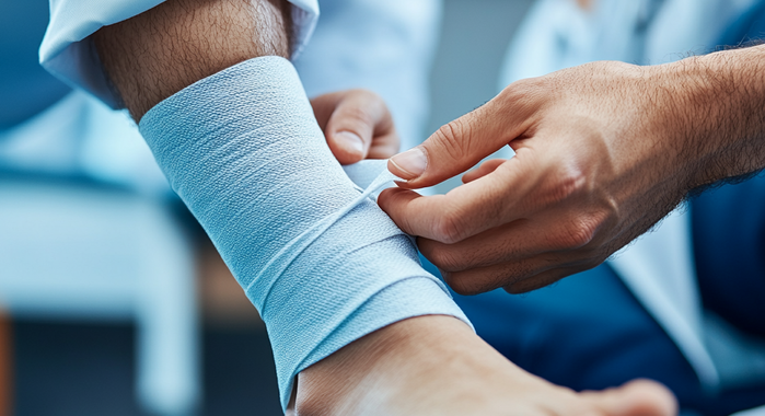 View of Unna boot application process, medical bandage wrapping for leg wound care and swelling treatment.