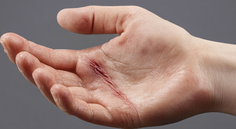 Close-up view of an open hand with a fresh skin tear on the palm, showing a red linear cut and irritation.