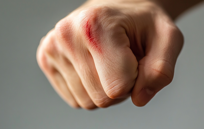 Close-up view of clenched fist with fresh skin tear on knuckles, showing redness and irritation.