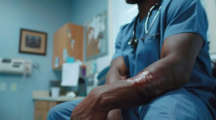 A view of a burn injury on a person's arm, emphasizing the soothing benefits of amorphous hydrogel wound dressings for burns. Explore hydrating gels that enhance healing and provide pain relief for burn injuries.