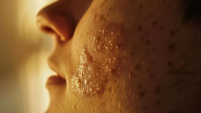 A view of a burn injury on a person's cheek, showcasing the soothing benefits of amorphous hydrogel wound dressings for burns. Explore hydrating gels that provide optimal moisture, pain relief, and enhanced healing for burn injuries.