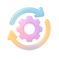 Pink gear with two curved arrows around it, one blue pointing clockwise and one yellow pointing counterclockwise, symbolizing iterative process.