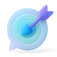 Blue and purple dart hitting the center of a round target inside a speech bubble shape.
