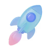Blue and pink stylized rocket with flame against a transparent background.