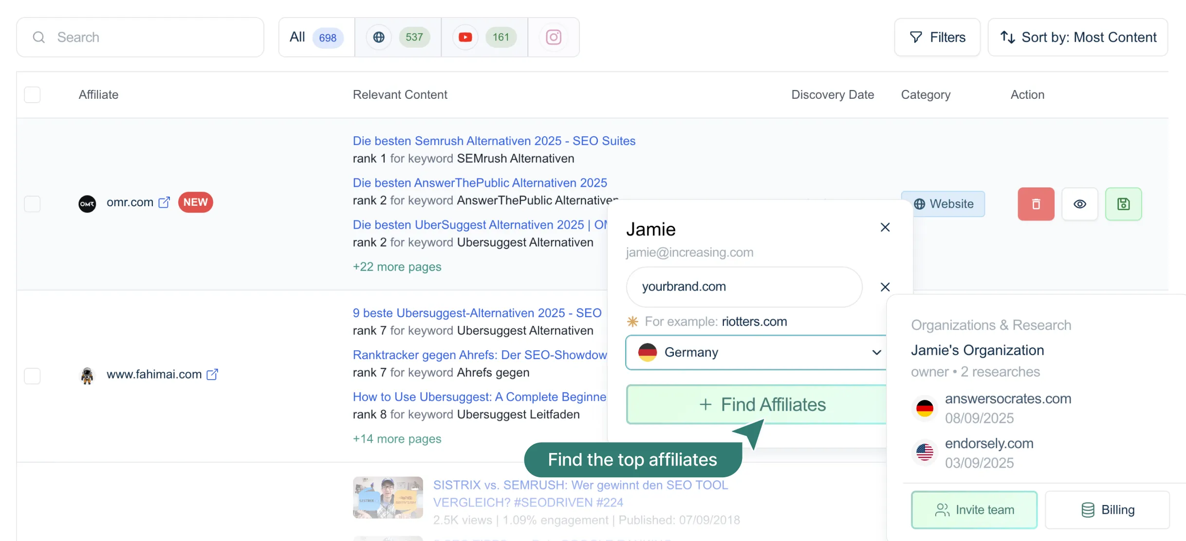 The feature "Multi-geo affiliate finding" preview
