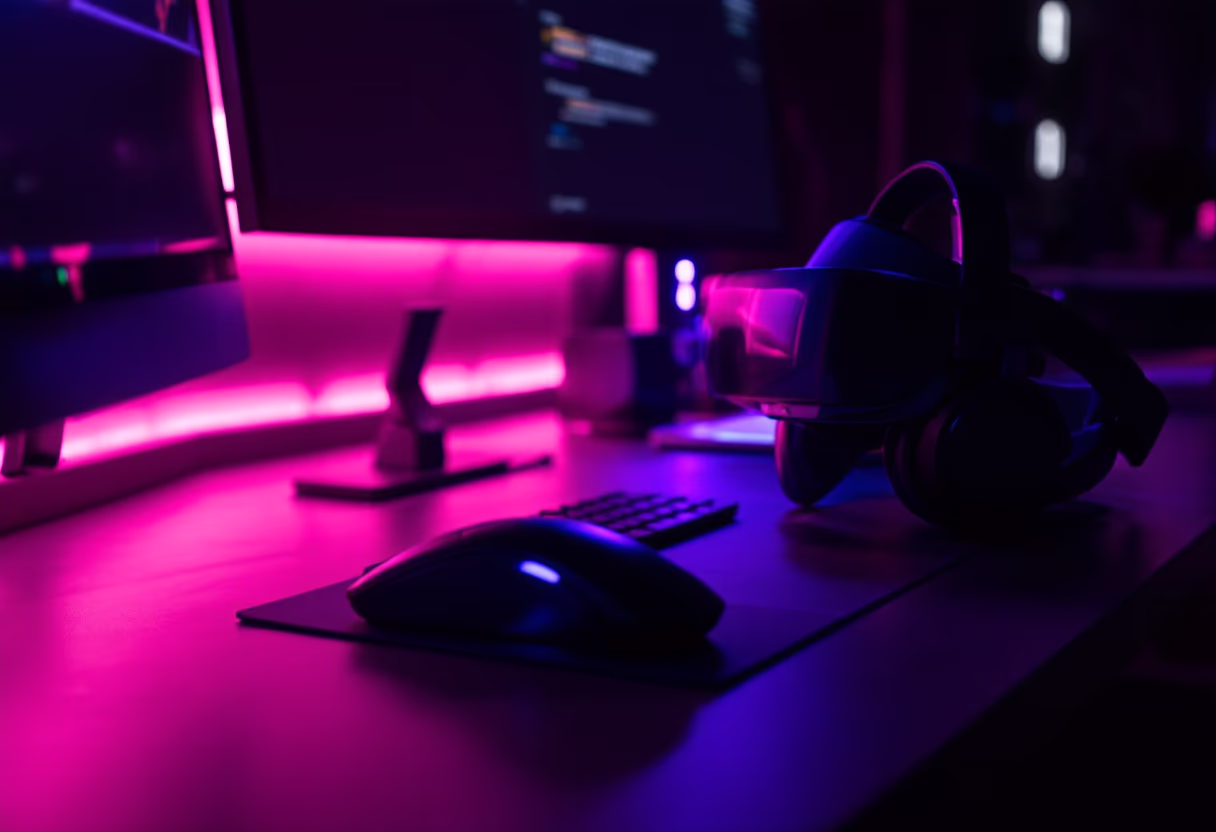 [background image] image of a desk with tech gadgets (for an ai developer tools)