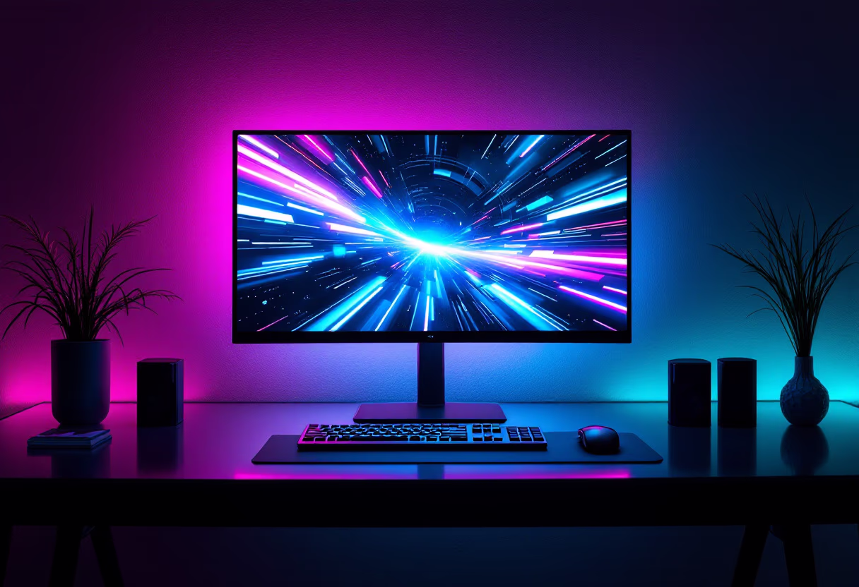 image of a desk with a computer in workspace (for a space tech)