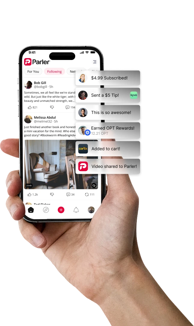 Hand holding phone showing Parler video with pop-up actions for tips, rewards, cart, and sharing.