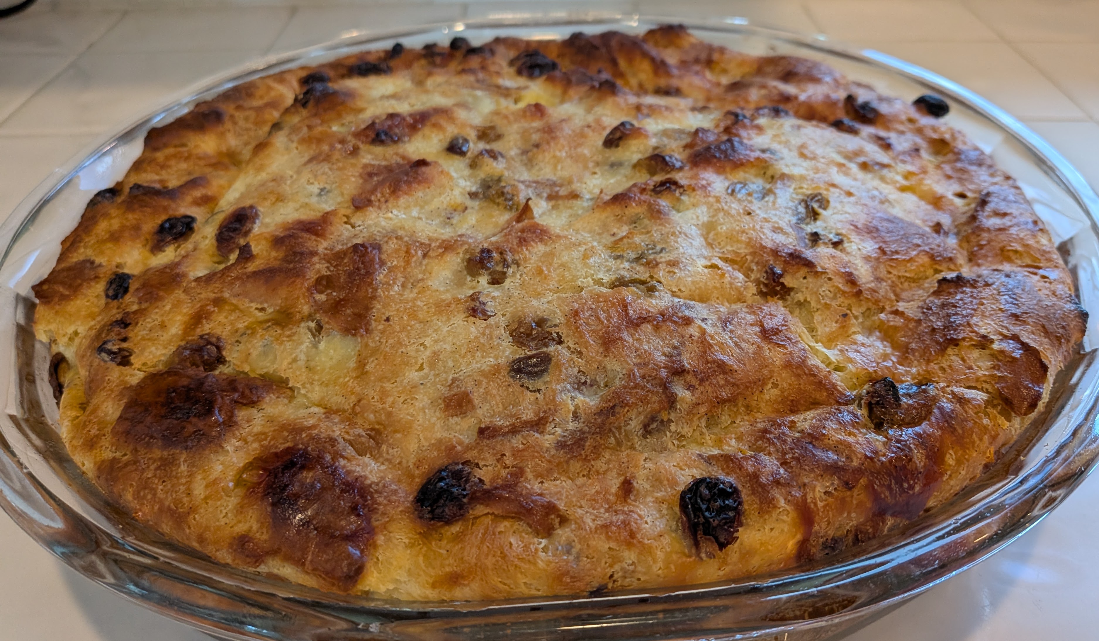 Warm bread pudding ready to serve.