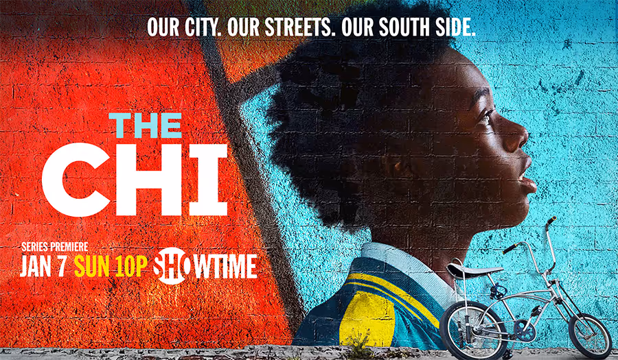 Gritty blue-toned poster for The Chi with a bicycle, representing the drama’s exploration of South Side Chicago life.Designed and creative-directed by Myriam López.