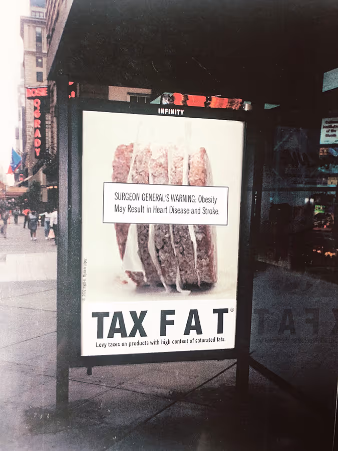 Confrontational public service ad displaying frozen meat with satirical Surgeon General’s warning. Designed and creative-directed by Myriam López