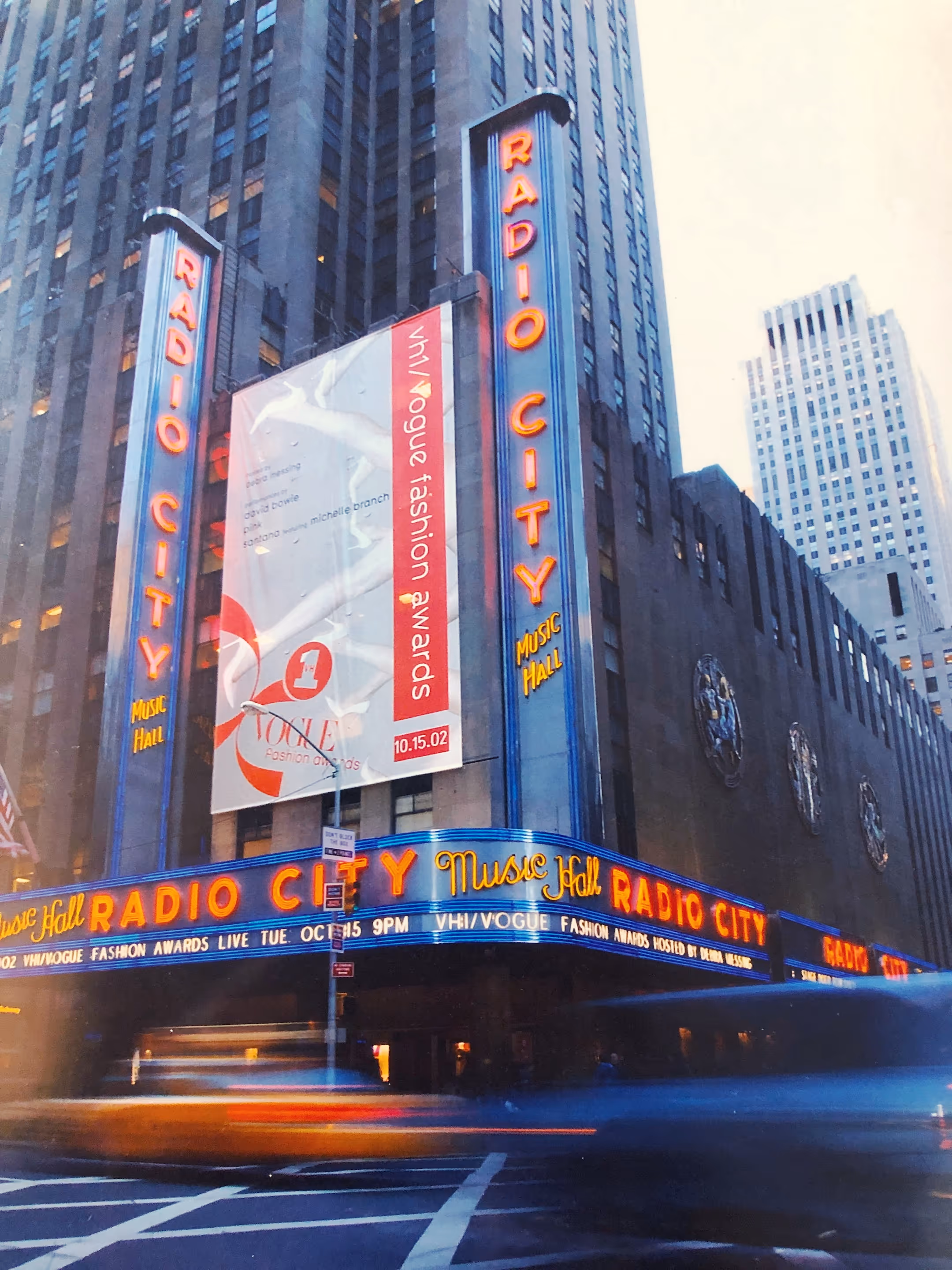 Radio City Music Hall marquee and facade transformed for VH1/Vogue Fashion Awards, featuring musical performances by David Bowie, Moby and host RuPaul. Designed by Myriam López