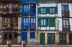 Image typique du Pays Basque avec maisons à colombages et paysages verts, ambiance régionale authentique