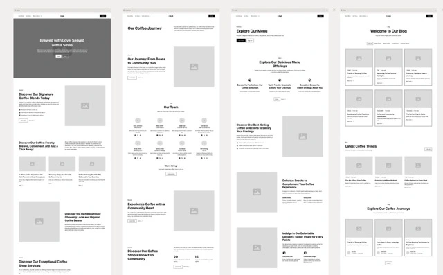Wireframe layout of a coffee shop website showing plans for several pages.