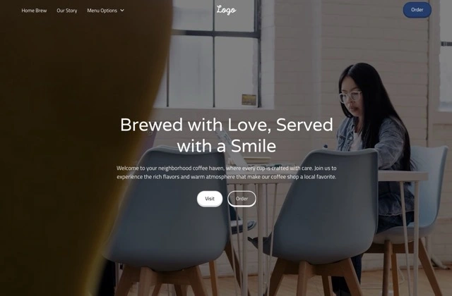 Screenshot of a web page, with a woman sitting alone at a table in a bright coffee shop with light blue chairs.