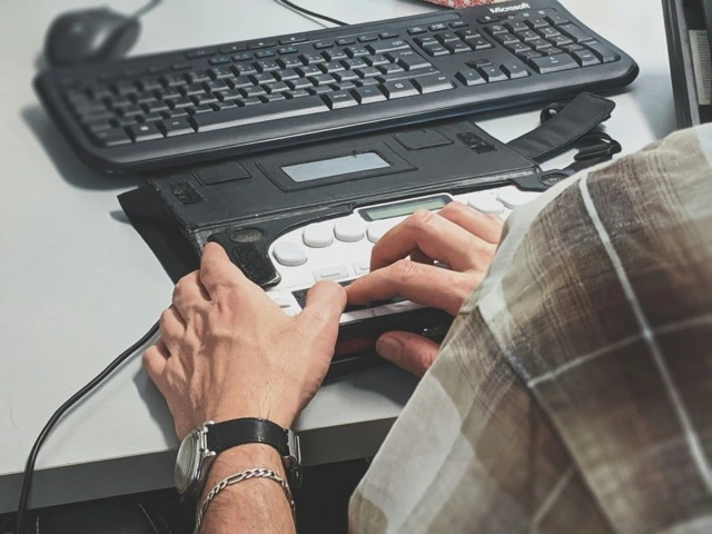 Close up of hands using a refreshable Braille display to navigate a computer