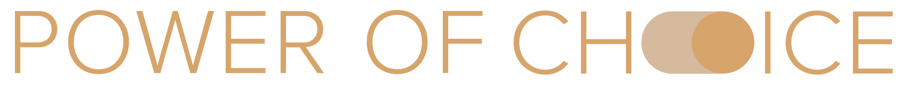 Logo met de tekst 'Power of Choice' in een lichtbruine kleur met een cirkelvormige schakel in het woord 'Choice'.