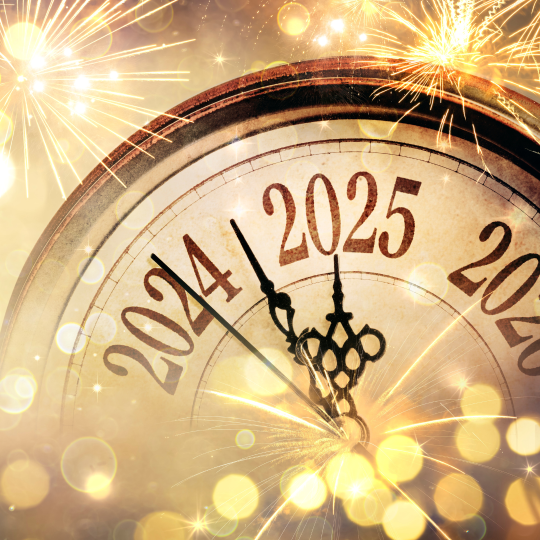 Vintage clock face showing years 2024 to 2025 surrounded by bright golden fireworks and festive lights.