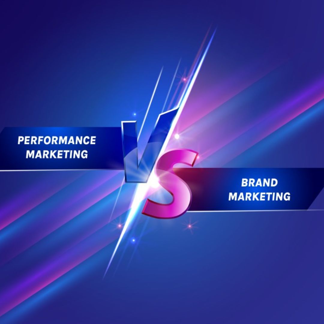 Graphic of “Performance Marketing” versus “Brand Marketing” with a glowing “VS” in the center on a vibrant blue and purple background.