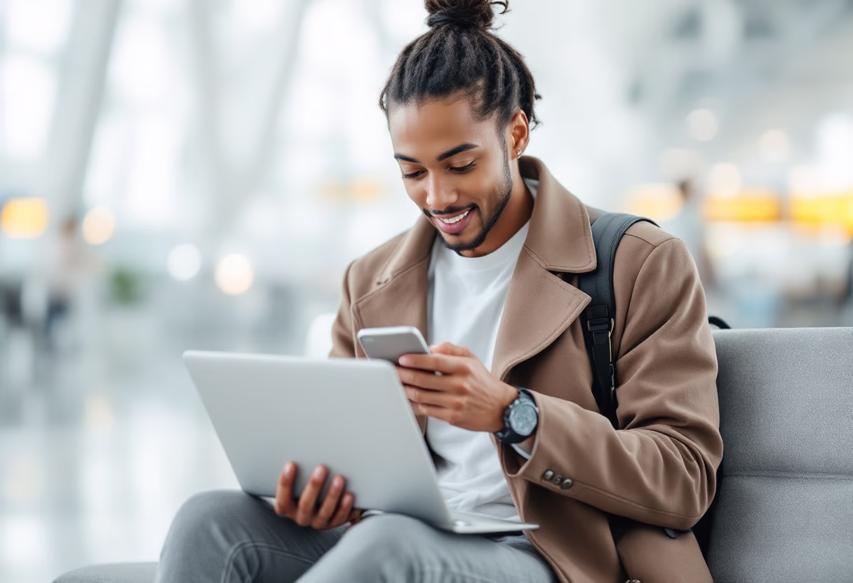 image of a traveler using a mobile app (for a travel tech)