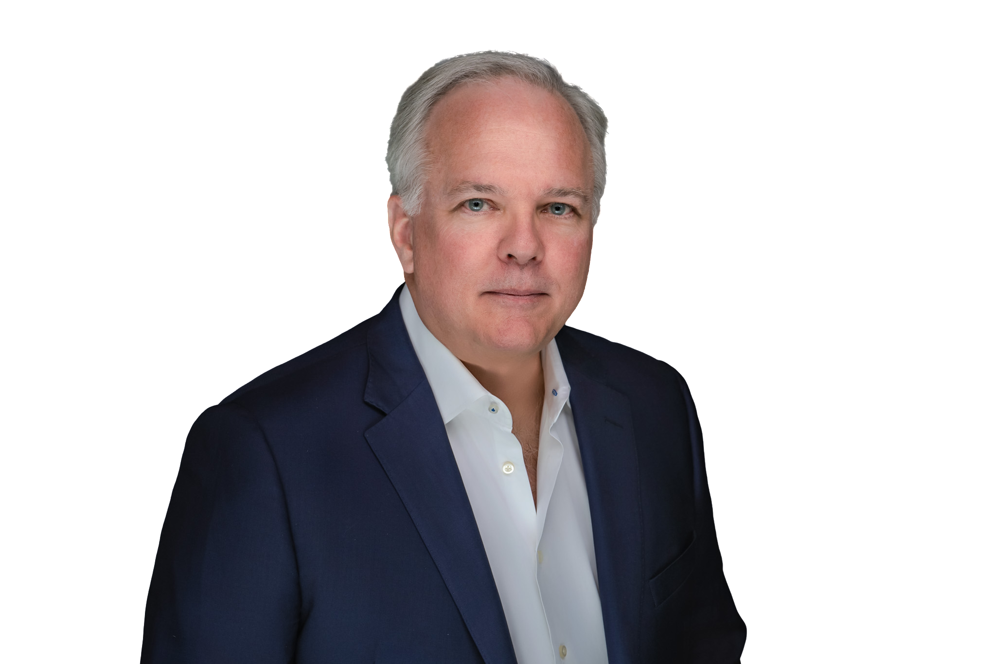 Photo of a man with grey hair in a navy suit