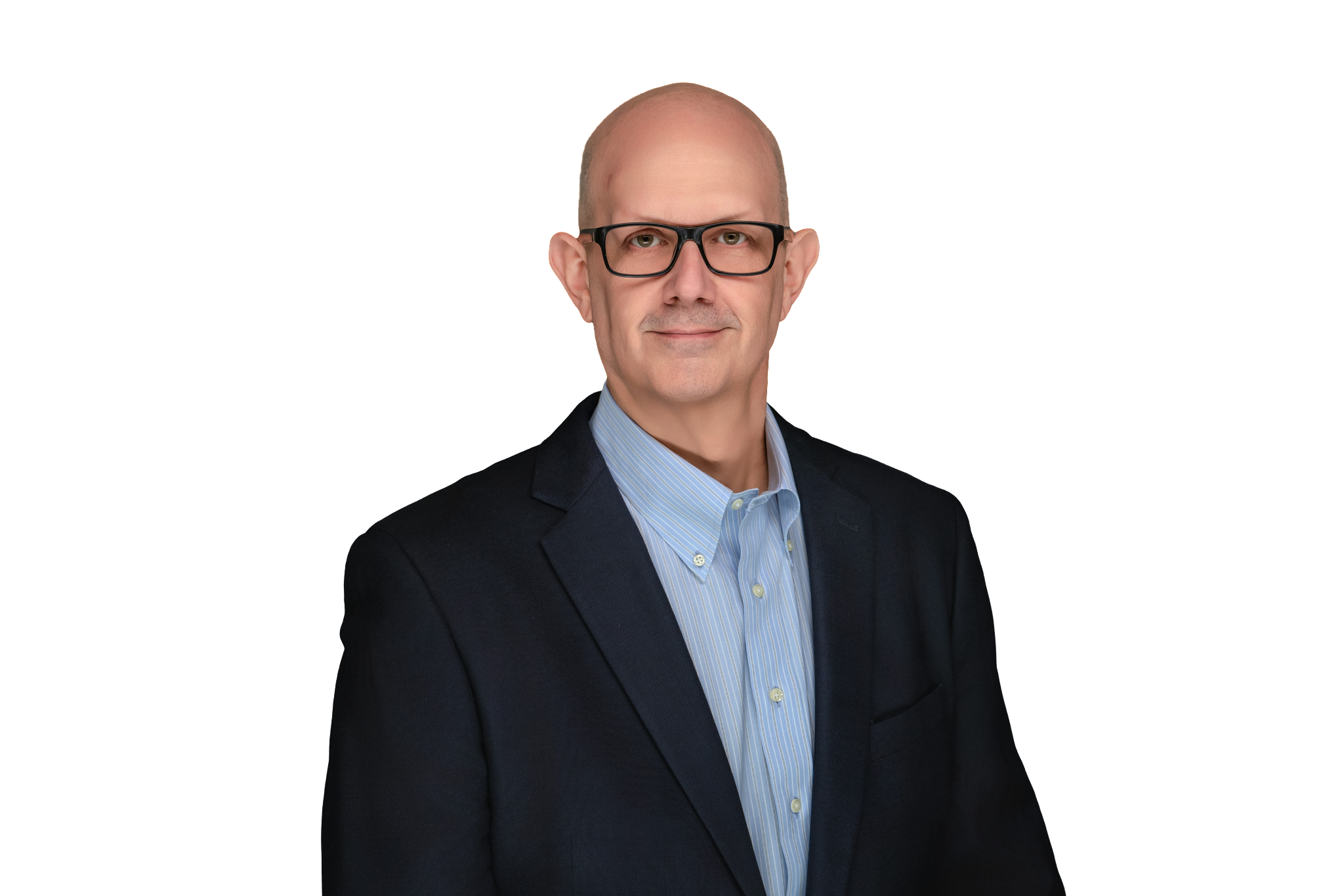 Photo of a bald man with dark square glasses in a navy suit with a blue shirt