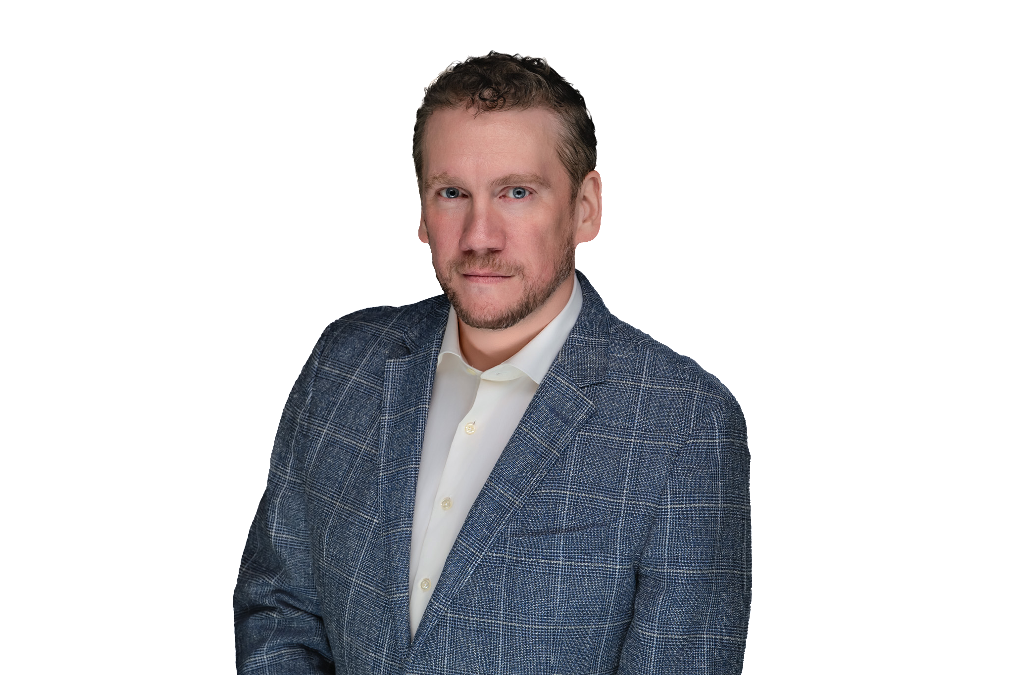 Photo of a man with brownish-blonde hair and tweed blue suit