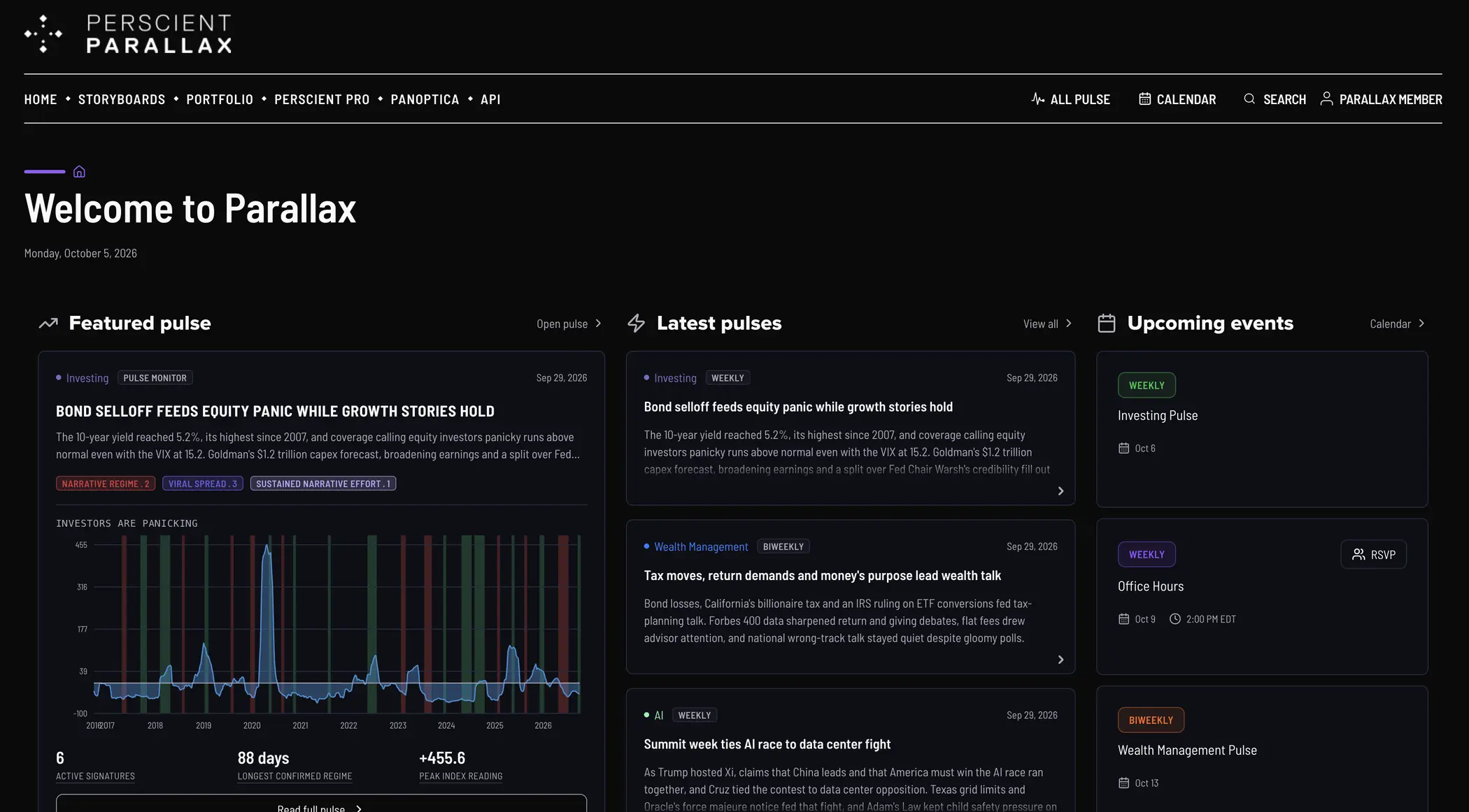 The Parallax member site, showing daily narrative readings