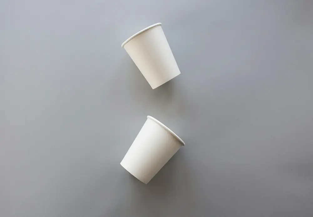 Two disposable paper cups on grey background..
