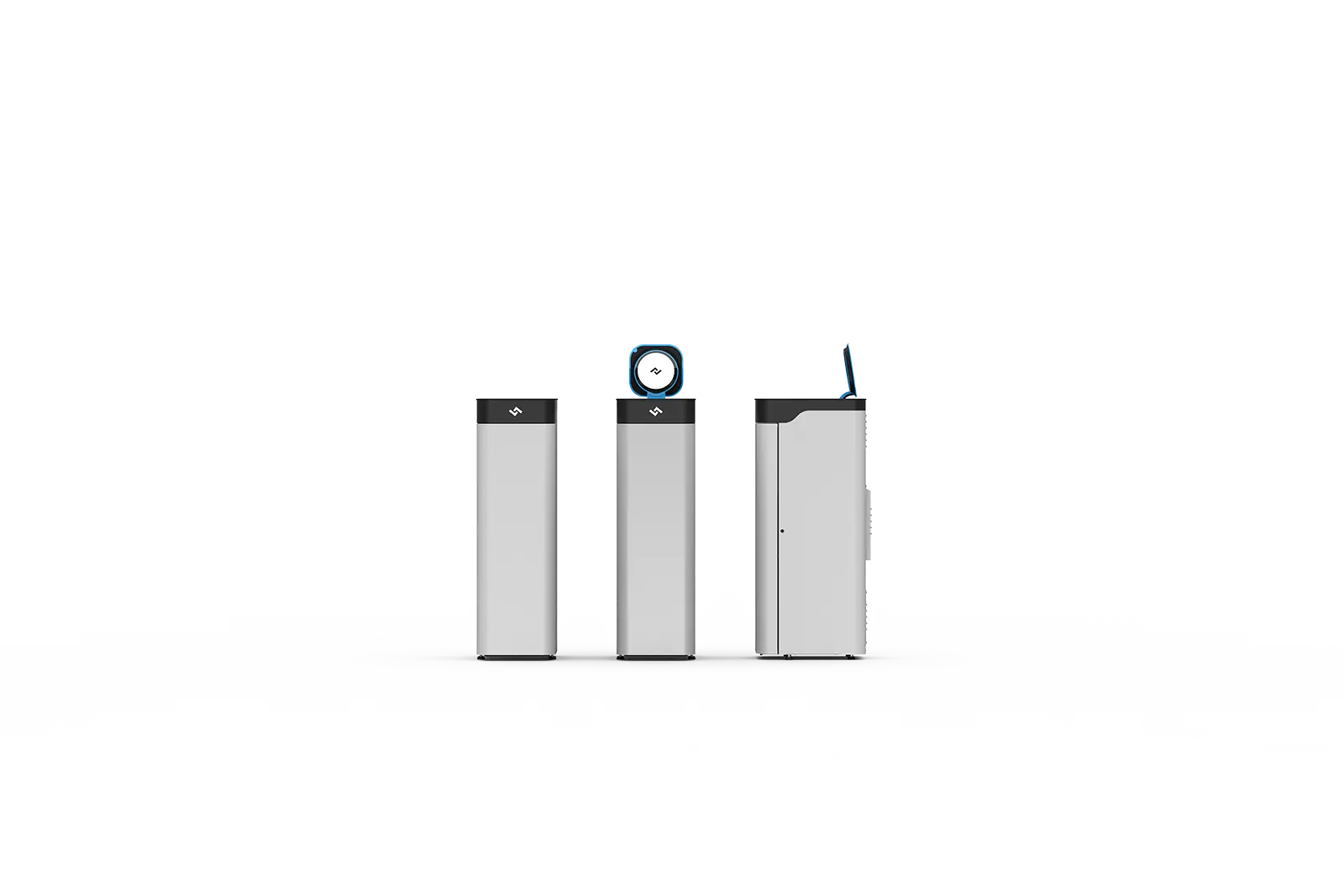 Three renders of an instarinse machine at different angles arranged in a row.