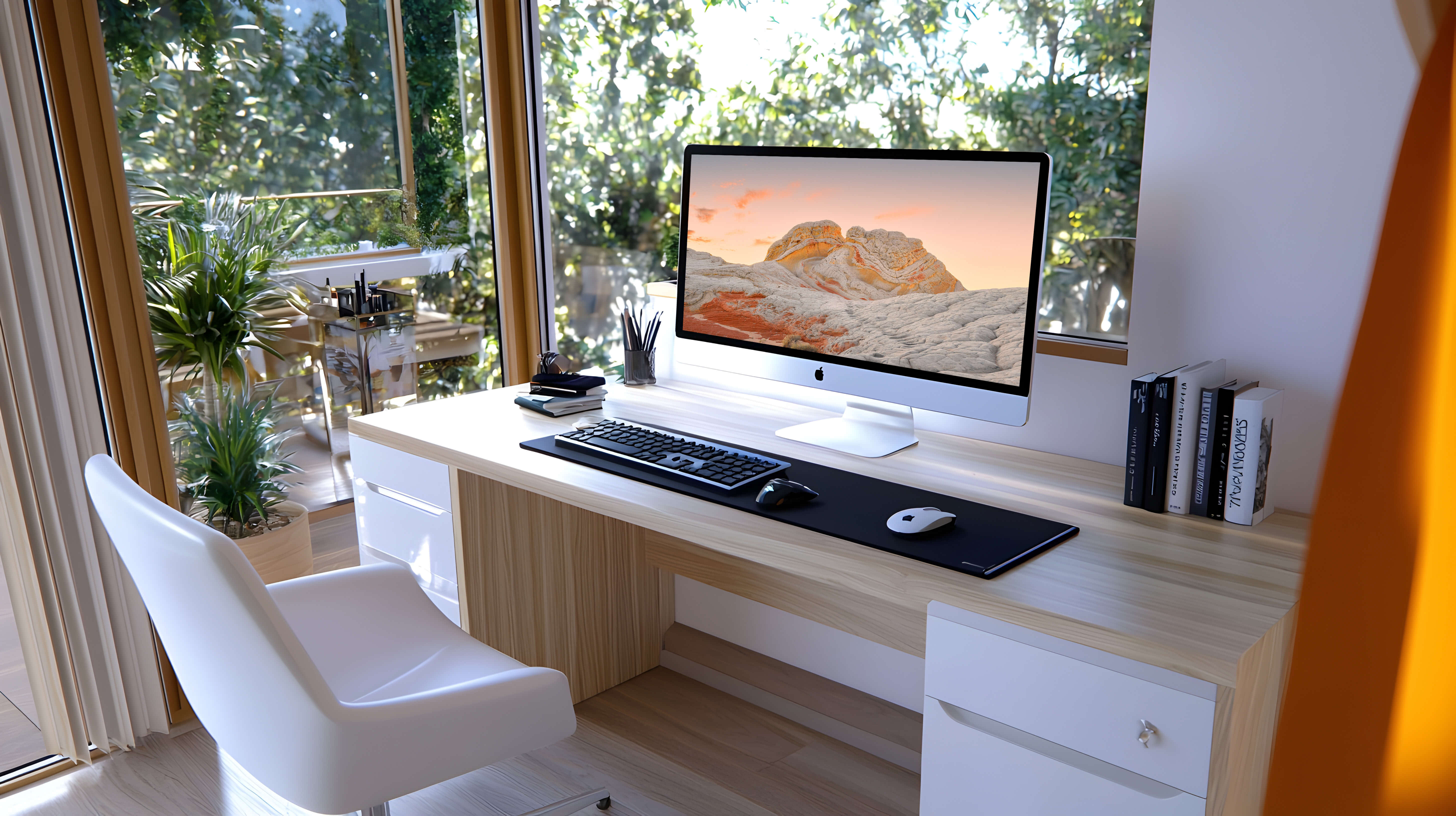 Office work desk with desktop and laptop computers