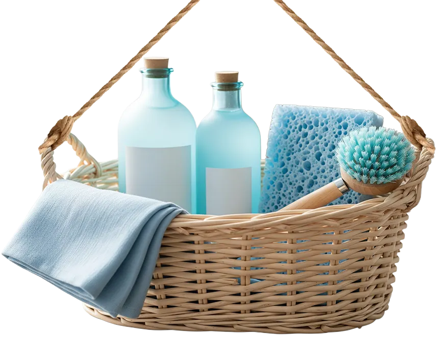 Panier en osier remplit de produit ménager, de chiffons et de brosses