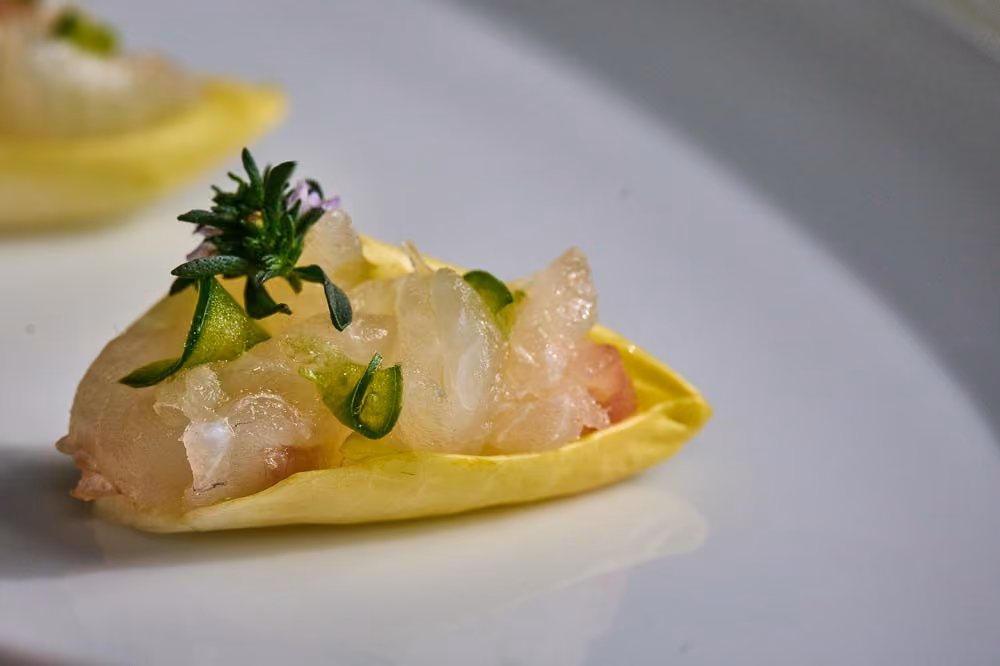 Yellow leaf canapé filled with diced fish and cucumber, garnished with an herb sprig