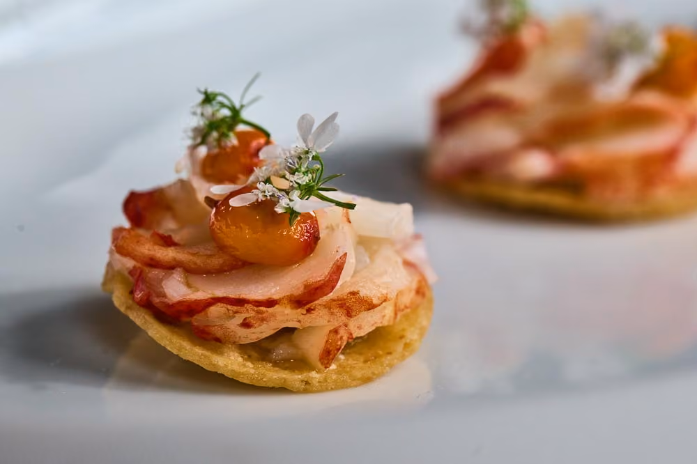 Crispy round canapé topped with sliced radish, kumquat, and white flowers