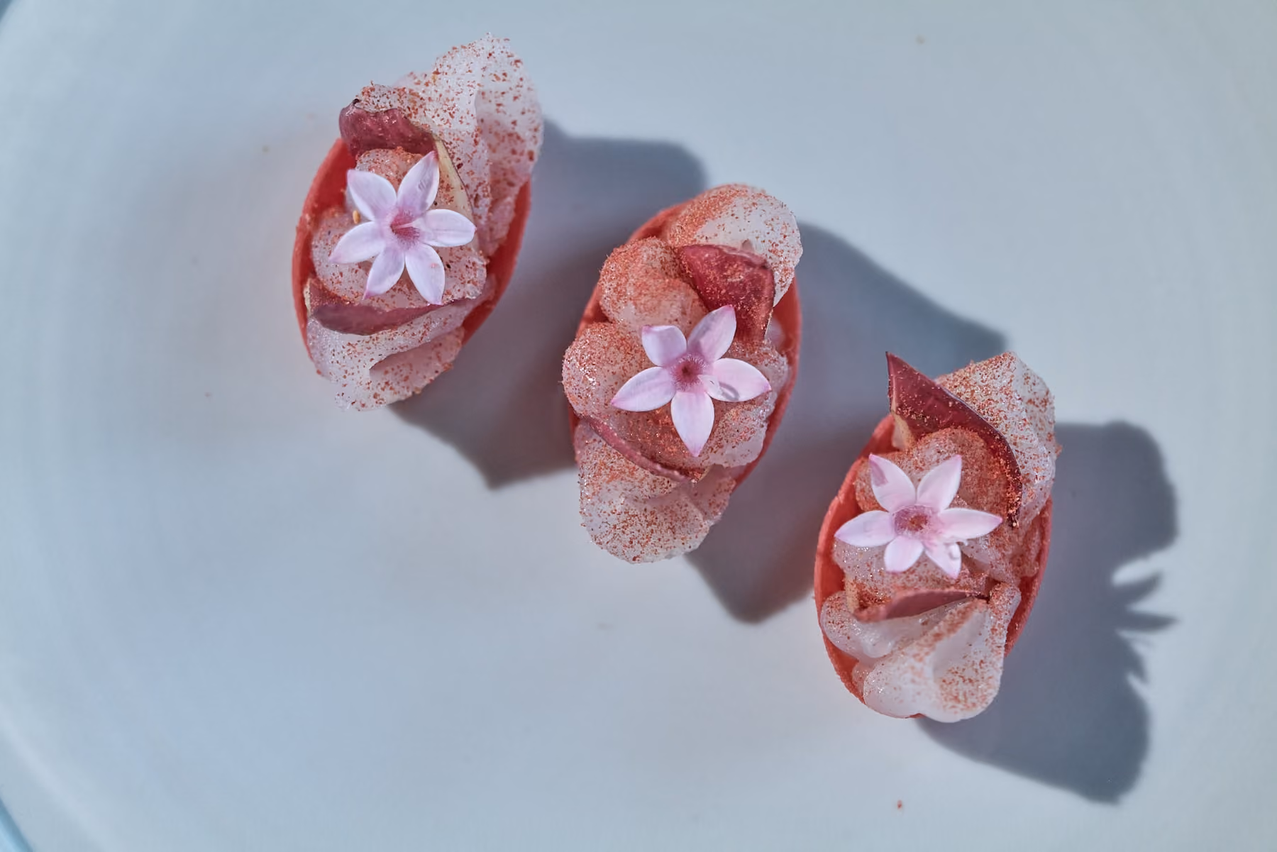 Row of pink canapés topped with shaved radish and purple flowers