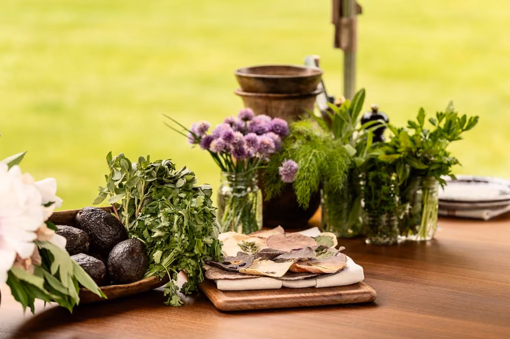 Outdoor table spread with fresh herbs, flowers, avocados, and dried citrus slices