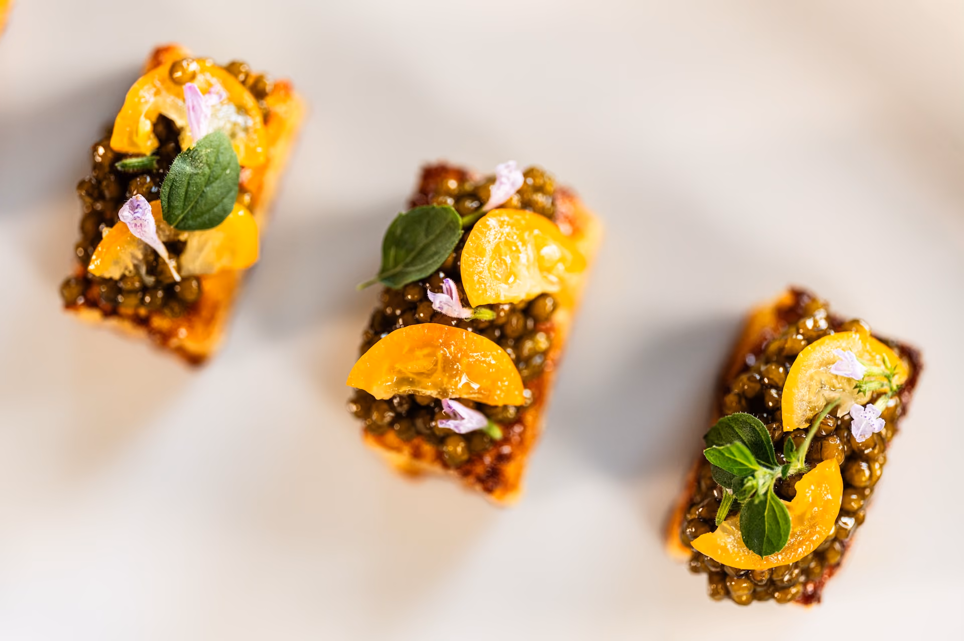 Overhead row of crostini topped with lentil caviar, candied citrus, and edible flowers