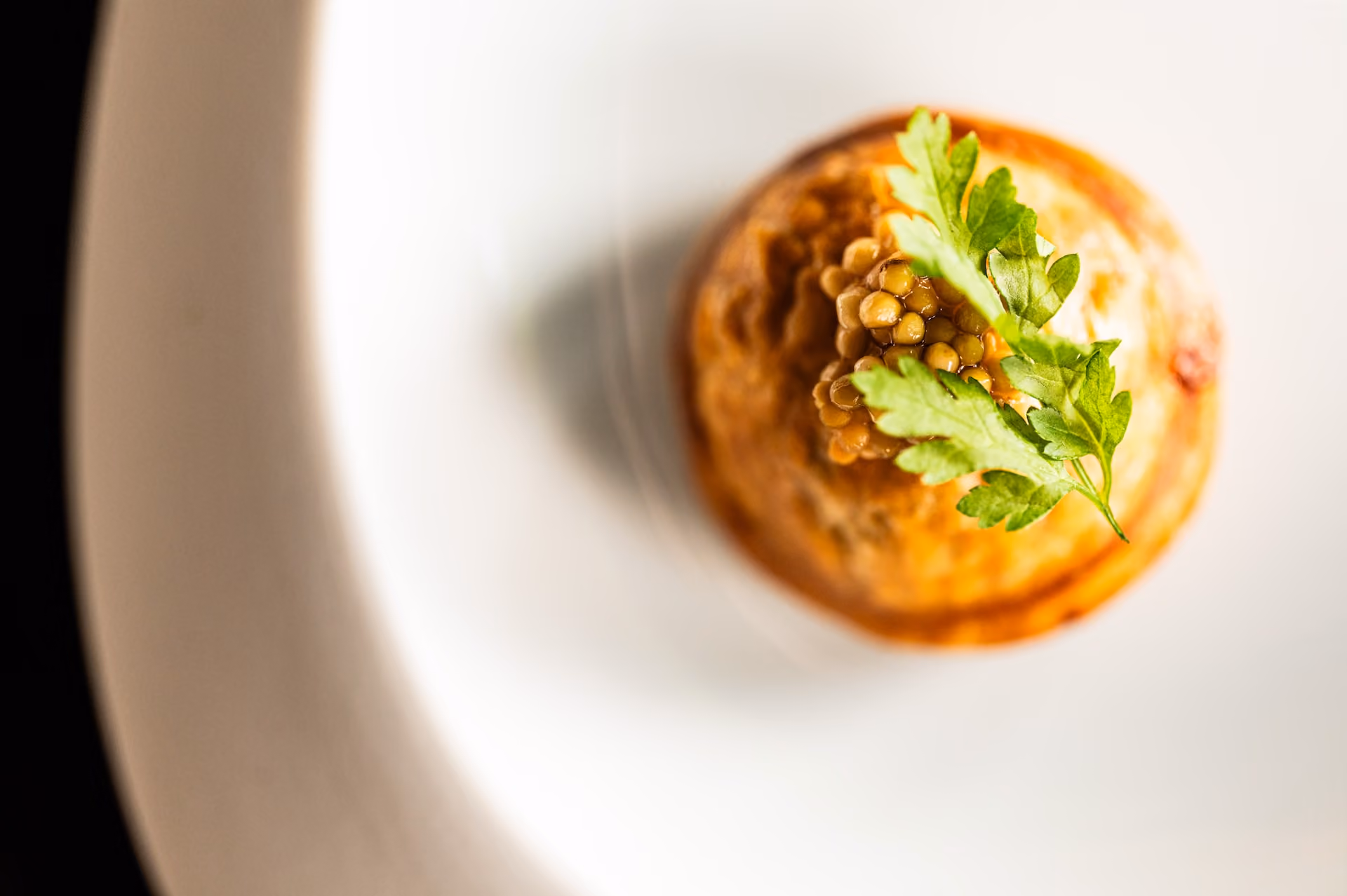 Overhead view of a round tartlet topped with lentils and parsley