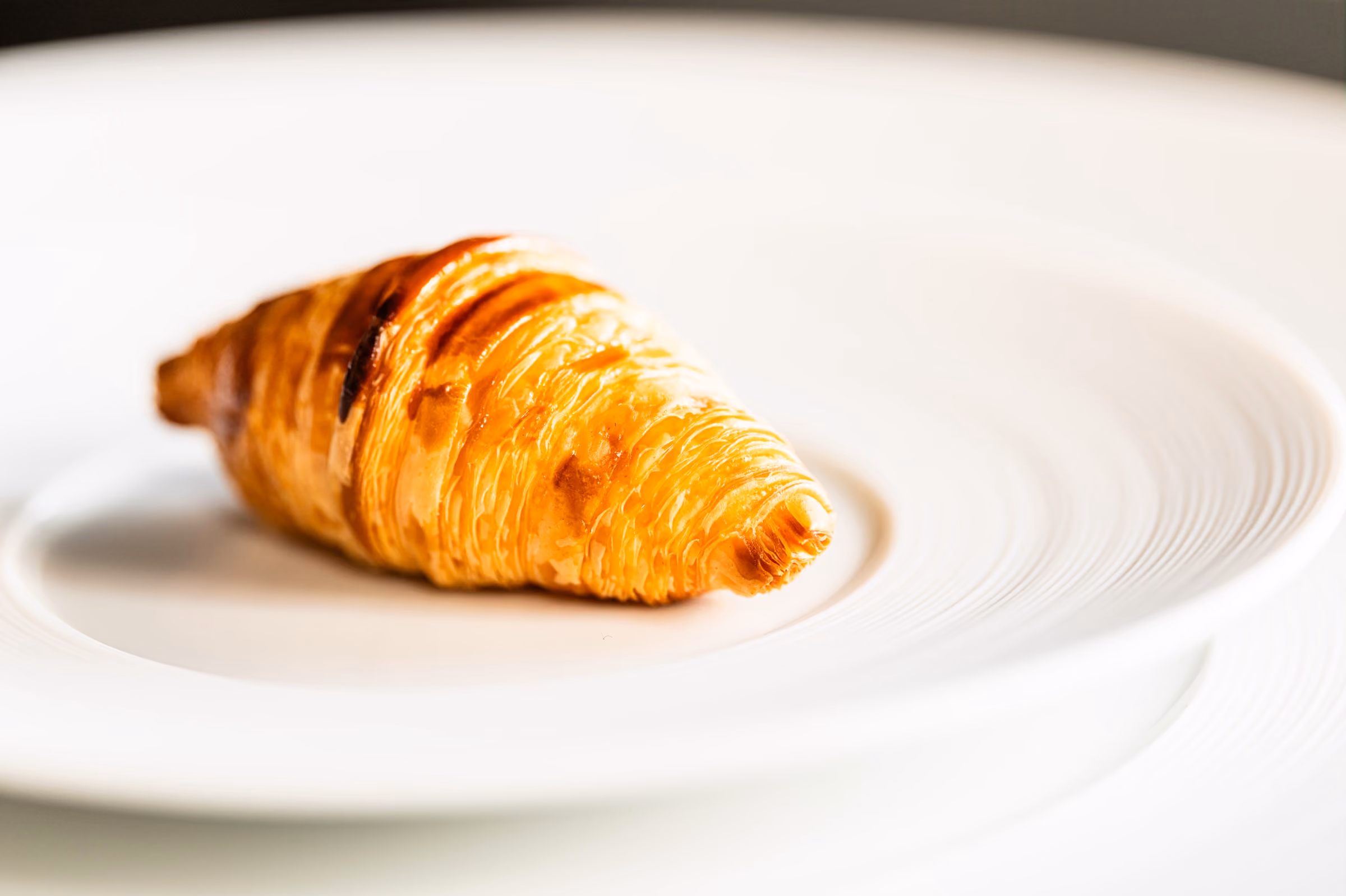 Golden croissant with a dark caramelized stripe on a white plate