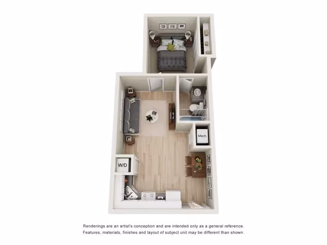 Floor plan rendering of the A1 model at Ascension at Ironwood in Tucson, AZ, a 1-bedroom, 1-bathroom apartment with an open living space.