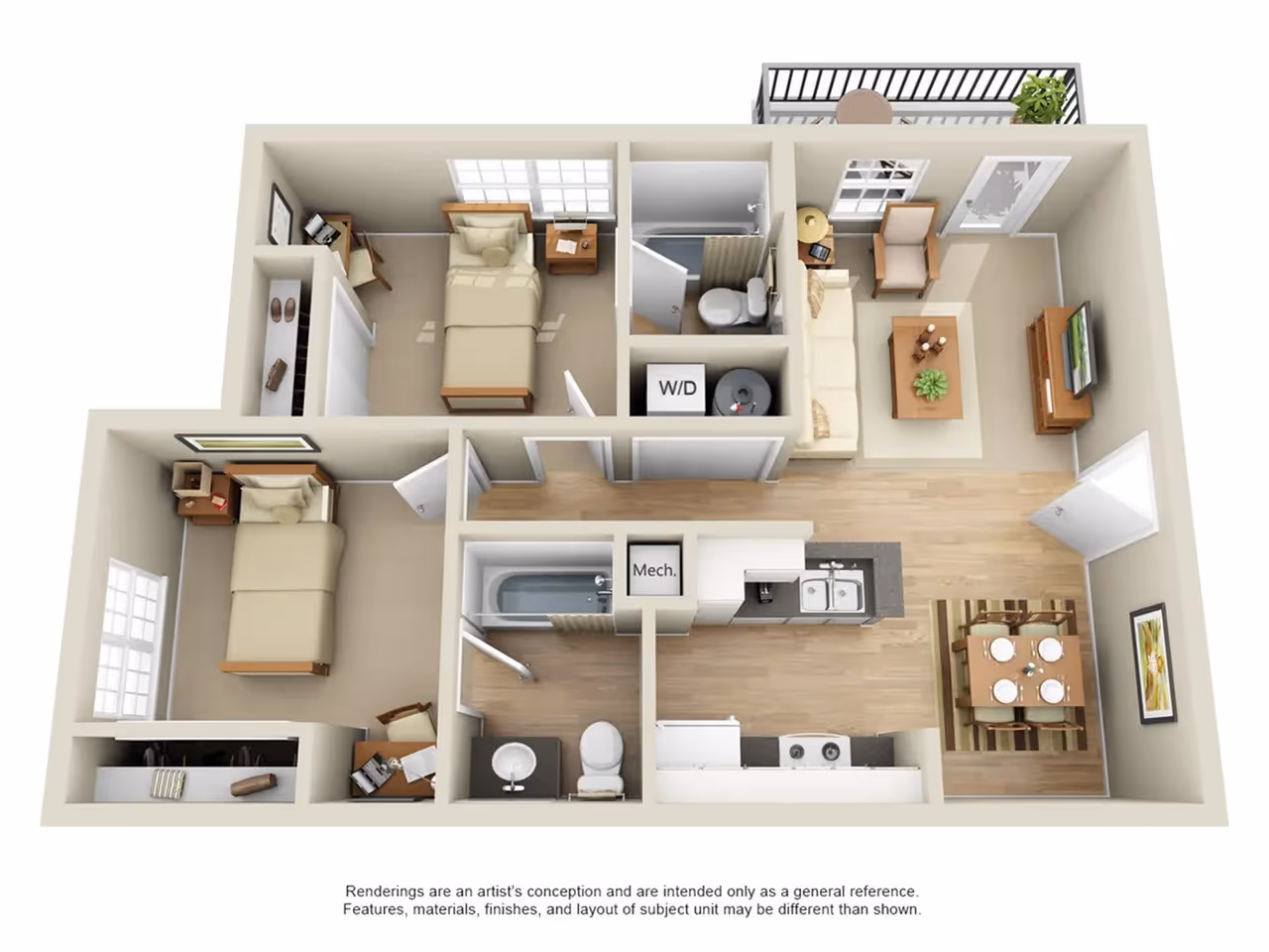 Floor plan rendering of the B1 model at Ascension at Ironwood in Tucson, AZ, detailing a 2-bedroom, 2-bathroom apartment with a dining area and patio.