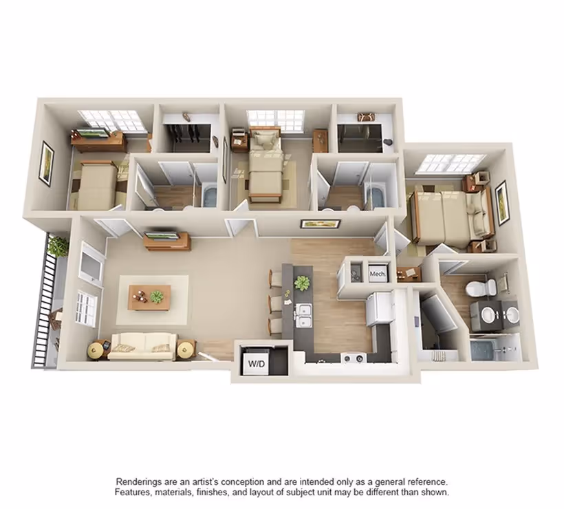 Floor plan rendering of the C1 model at Ascension at Ironwood in Tucson, AZ, showcasing a 3-bedroom, 3-bathroom apartment with a large open living area.
